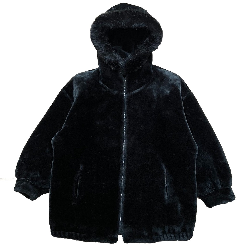 Charles Klein Woman's Black Faux Fur ZIP Coat Jacket Hooded Size 8